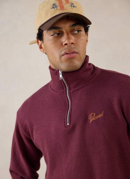 Conrad Funnel Neck 1/4 Zip Jumper - Burgundy Cotton | Percival