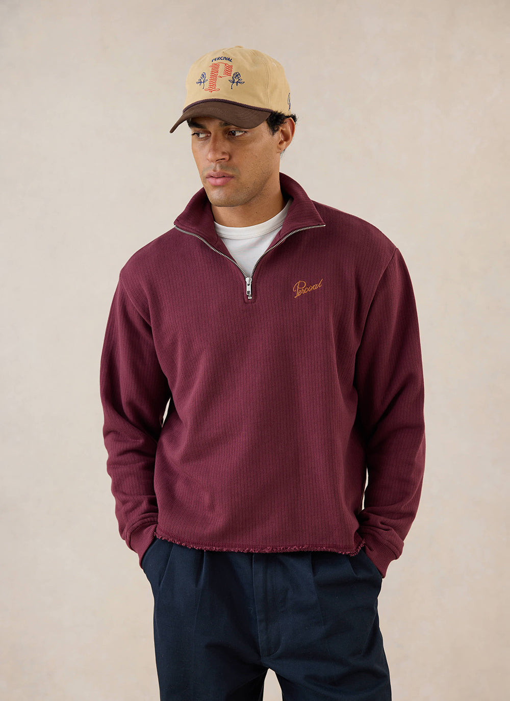 Conrad Funnel Neck 1/4 Zip Jumper - Burgundy Cotton | Percival