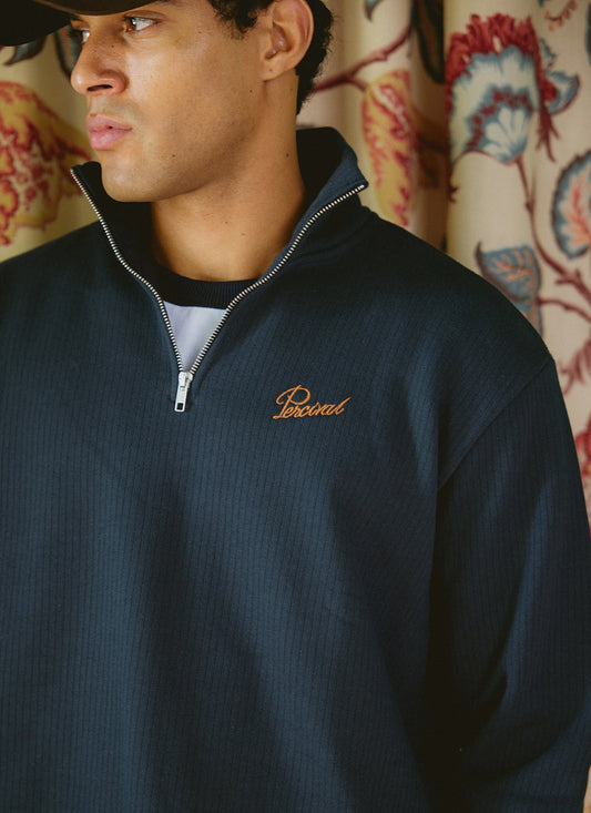Conrad Funnel Neck 1/4 Zip Jumper - Navy Cotton | Percival