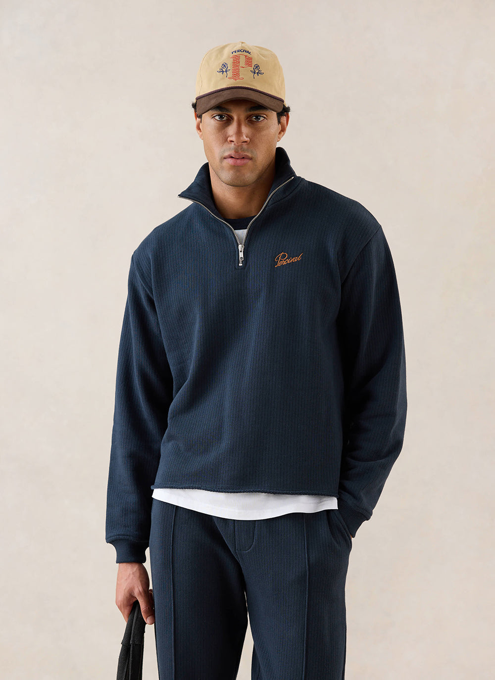 Conrad Funnel Neck 1/4 Zip Jumper - Navy Cotton | Percival