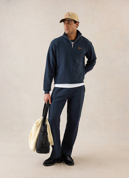 Conrad Funnel Neck 1/4 Zip Jumper - Navy Cotton | Percival