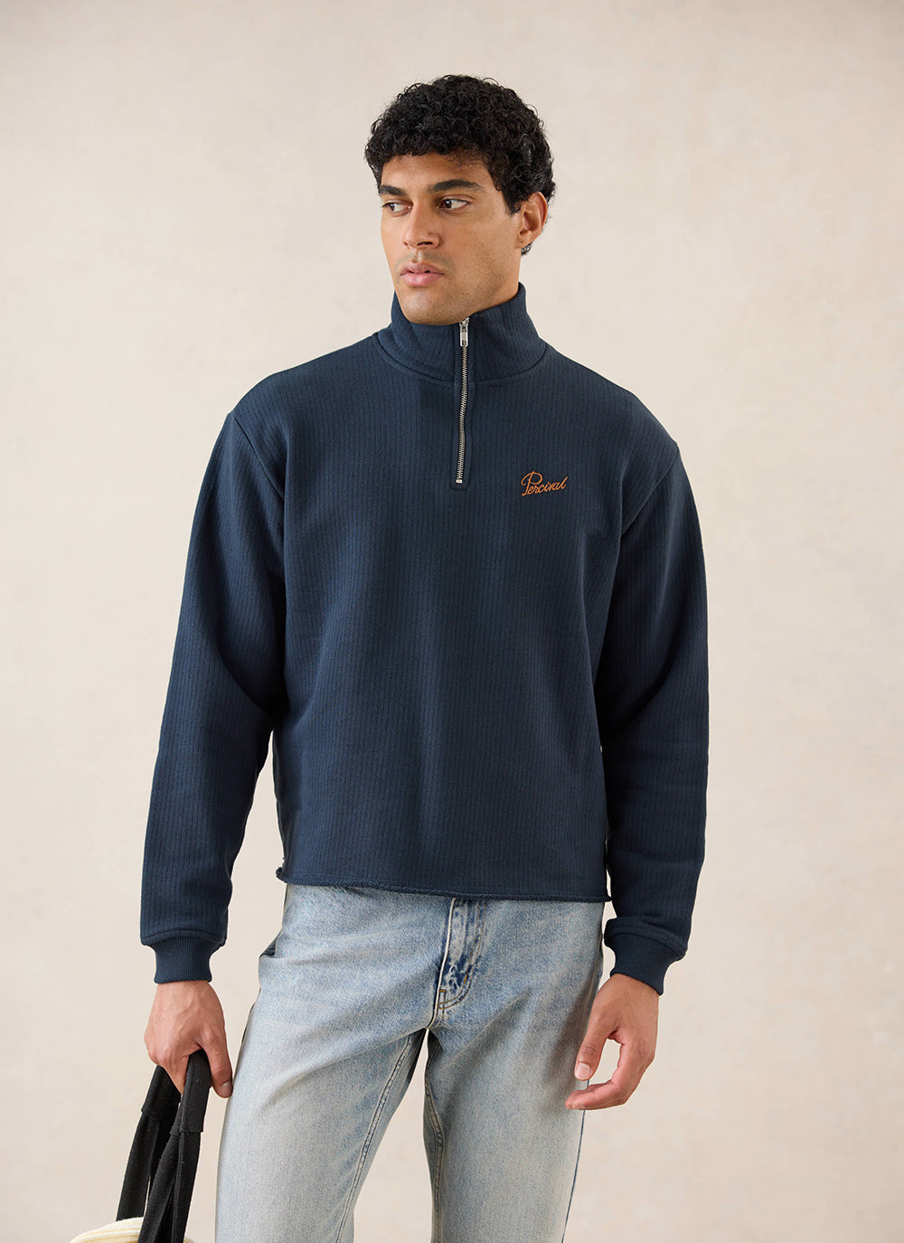 Conrad Funnel Neck 1/4 Zip Jumper - Navy Cotton | Percival