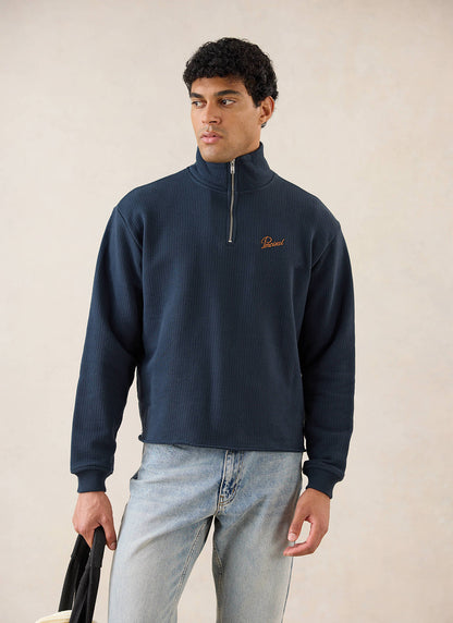 Conrad Funnel Neck 1/4 Zip Jumper - Navy Cotton | Percival