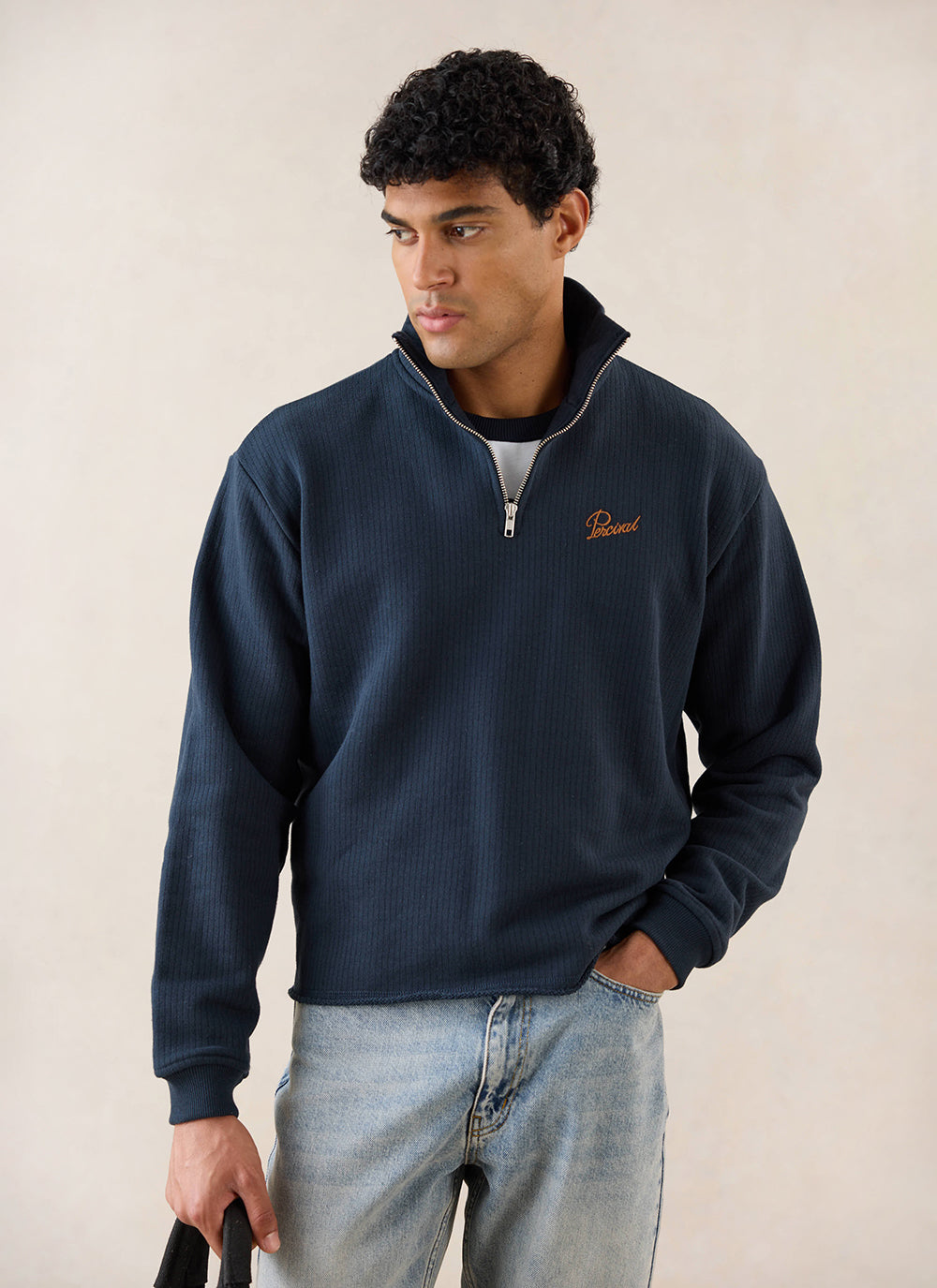 Conrad Funnel Neck 1/4 Zip Jumper - Navy Cotton | Percival