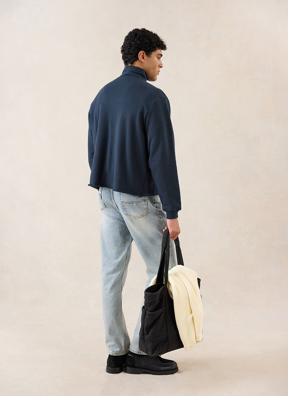 Conrad Funnel Neck 1/4 Zip Jumper - Navy Cotton | Percival