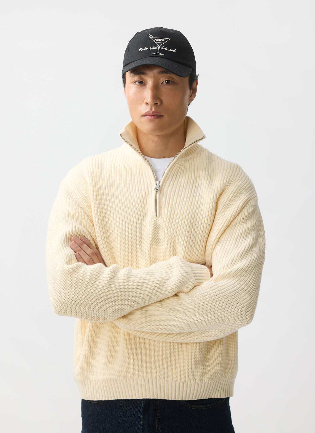 Men's Quarter Zip Knit Jumper - Cotton - Cream | Percival