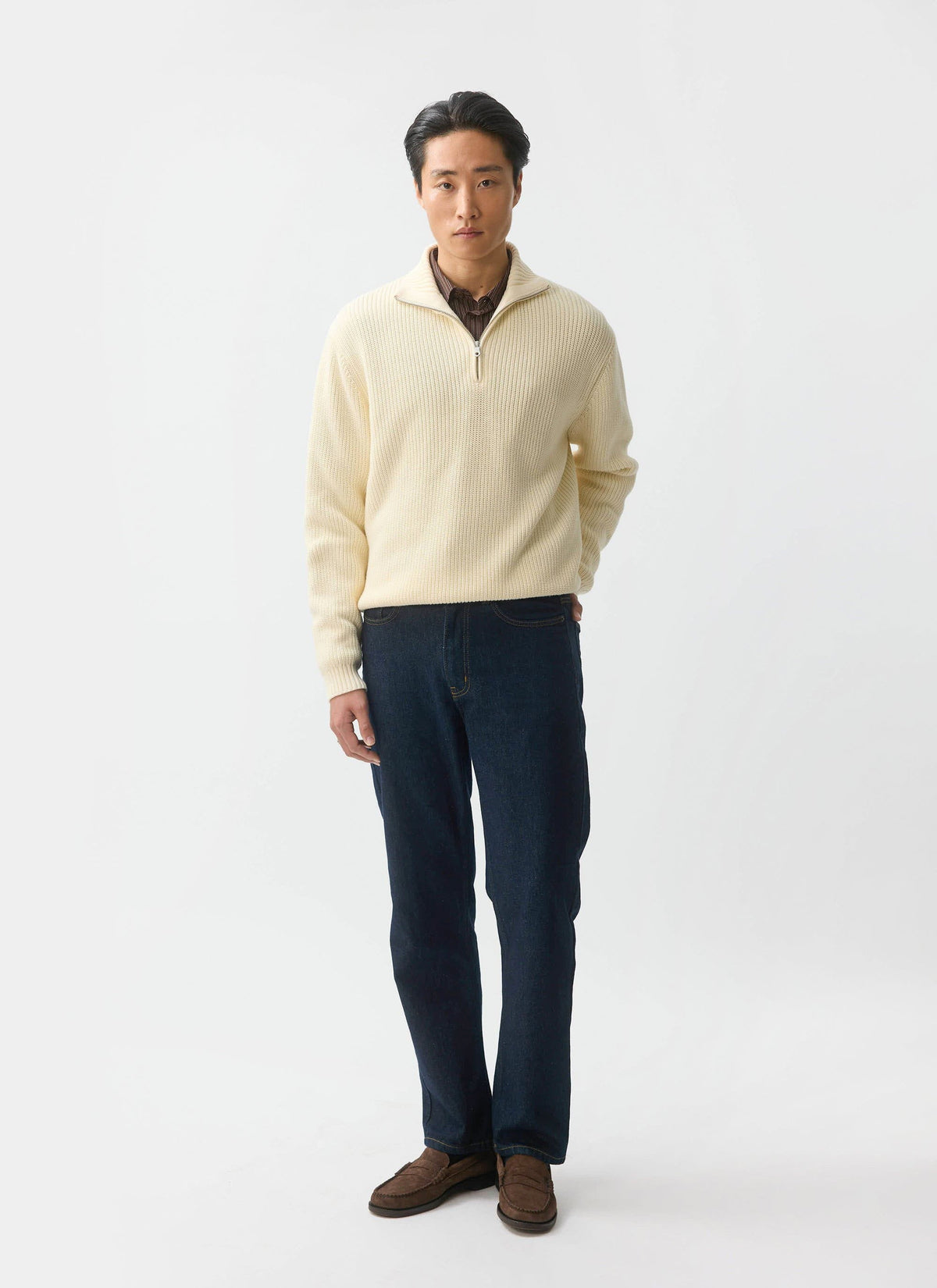 Men's Quarter Zip Knit Jumper - Cotton - Cream | Percival