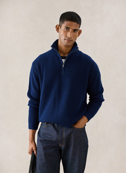 Meyer Boxy Quarter Zip - Navy Cotton | Percival
