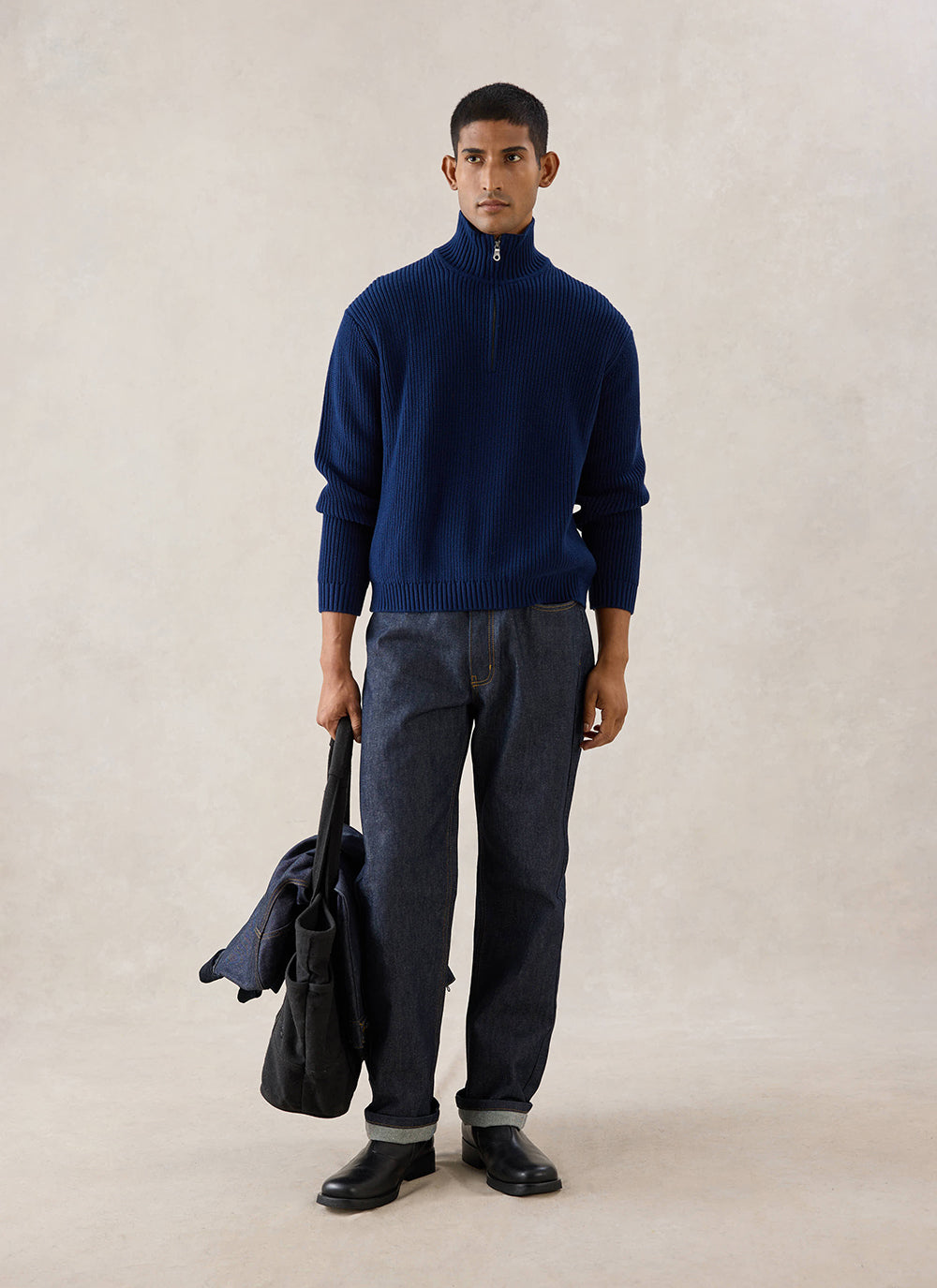 Meyer Boxy Quarter Zip - Navy Cotton | Percival