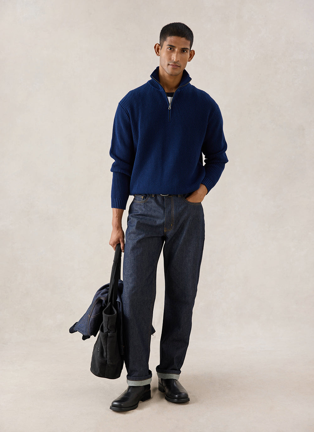 Meyer Boxy Quarter Zip - Navy Cotton | Percival