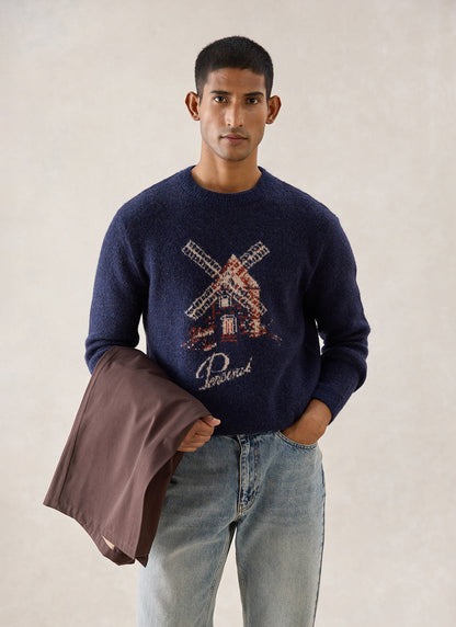 Miller Jacquard Jumper - Navy Mohair Wool | Percival