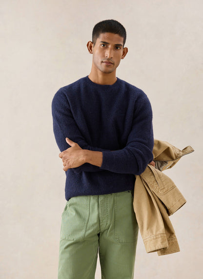 Men's Navy Crew Neck Jumper - Mohair Wool | Percival