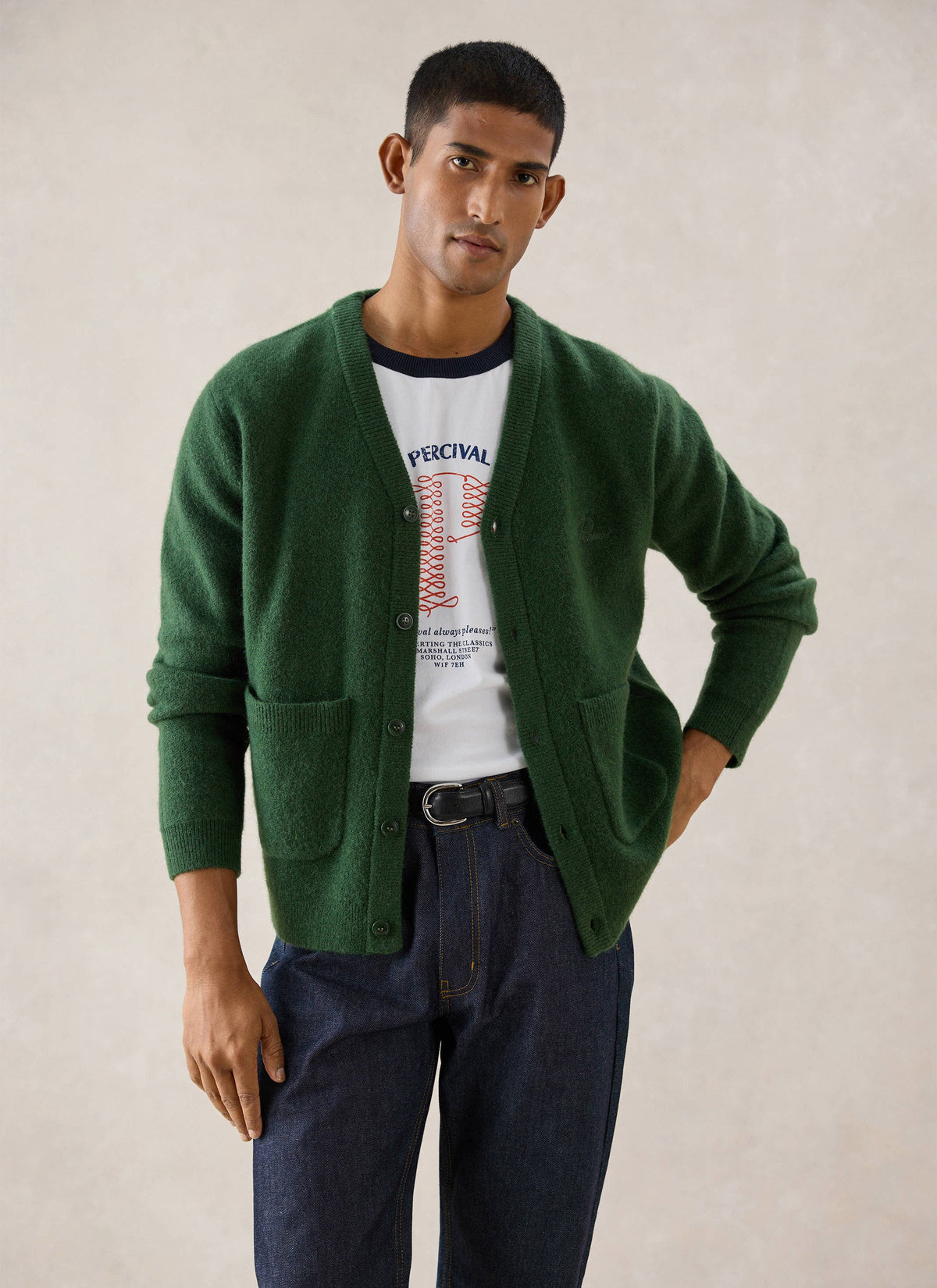 Men's White Glove Mohair Cardigan - Forest Green | Percival