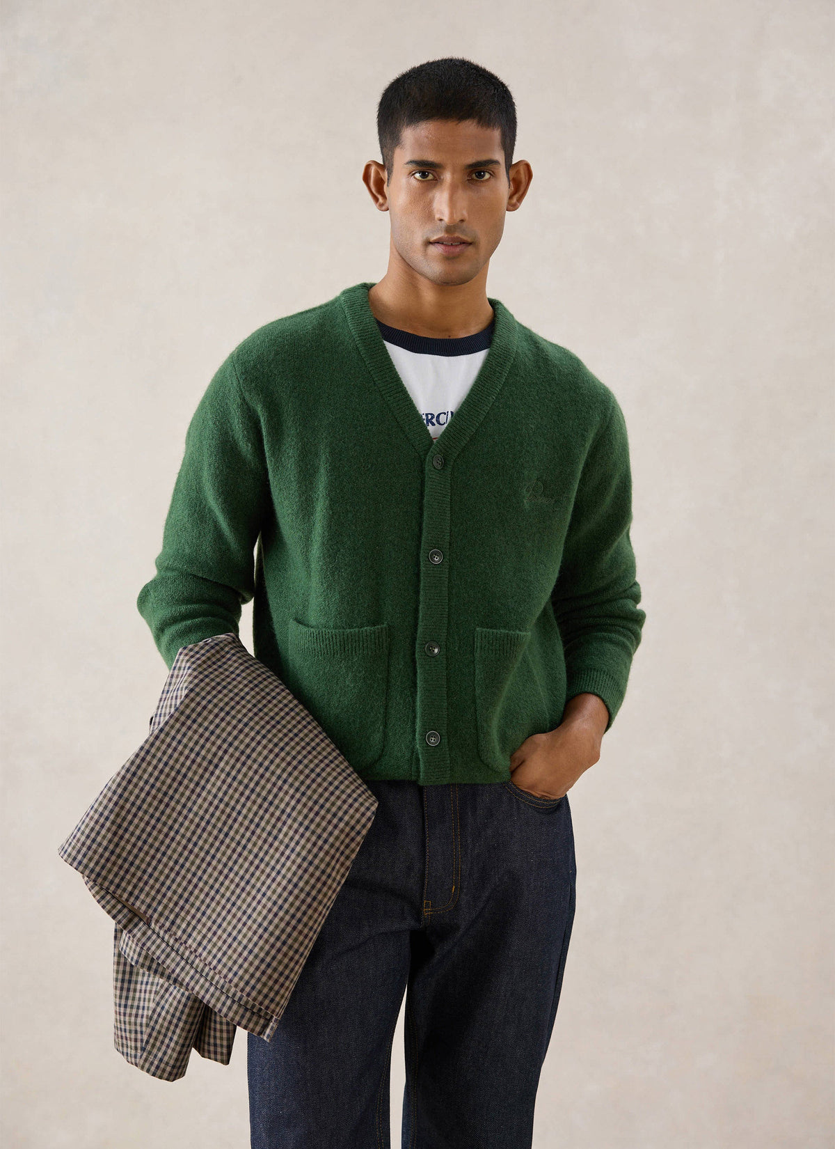 Men's White Glove Mohair Cardigan - Forest Green | Percival