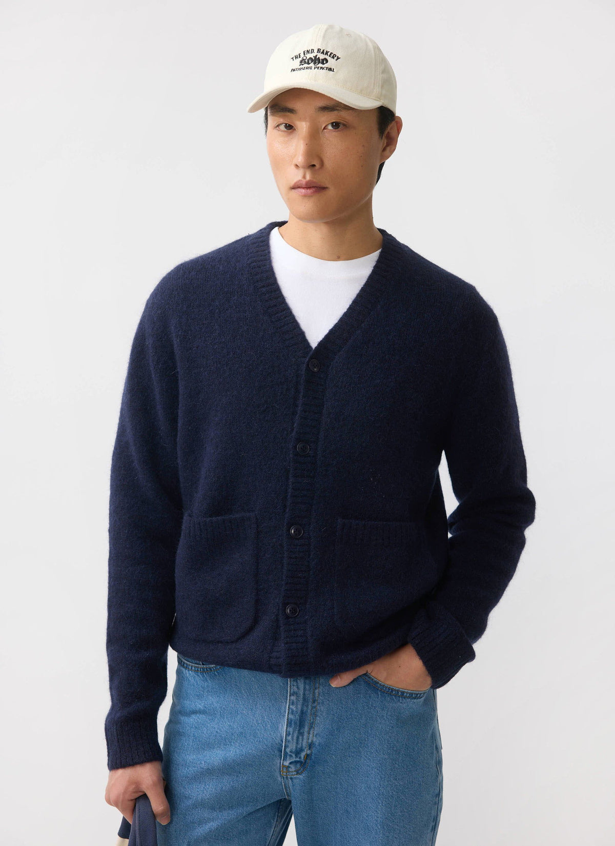 Men's Navy Mohair Cardigan - White Glove | Percival