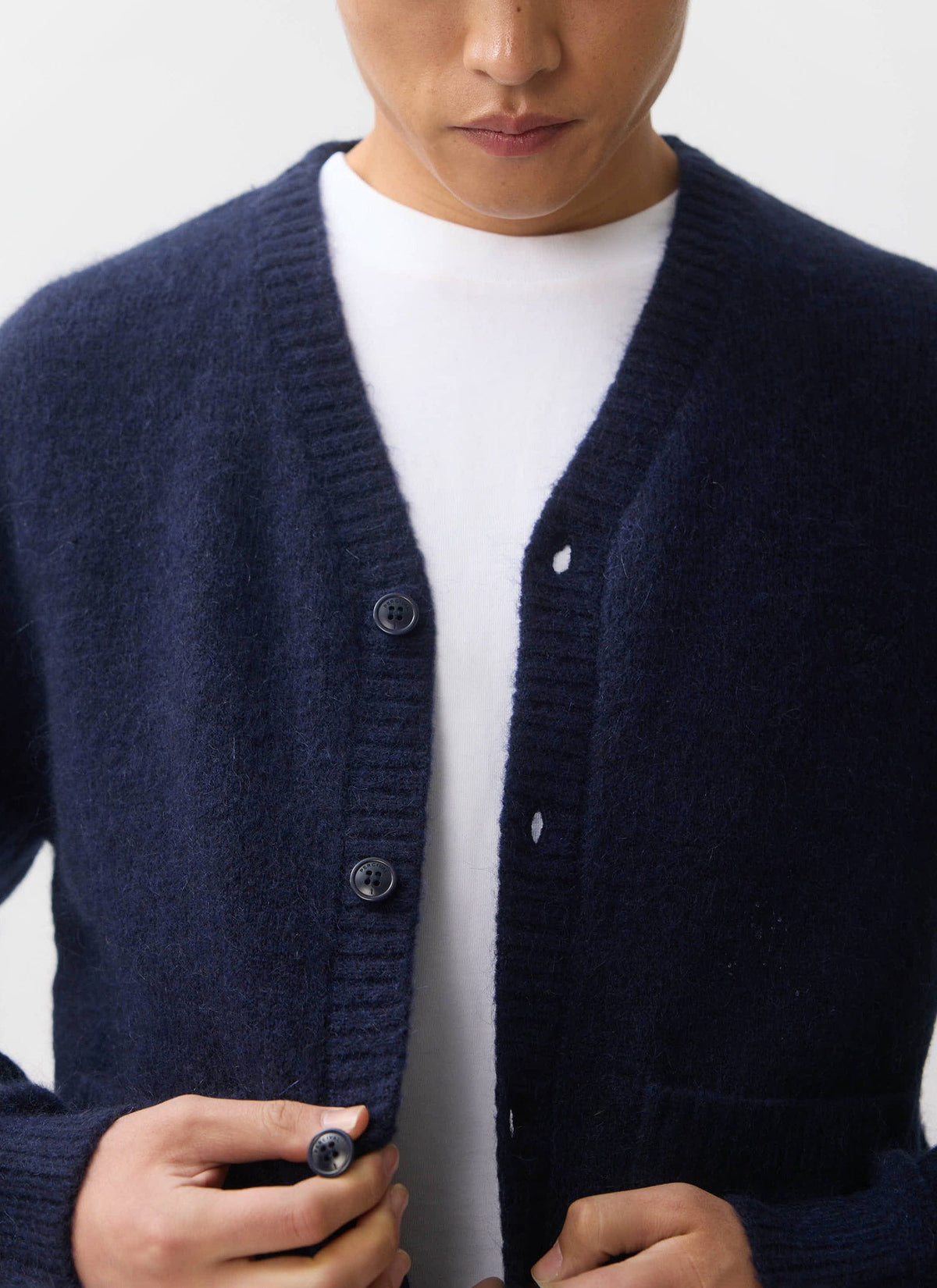 Men's Navy Mohair Cardigan - White Glove | Percival