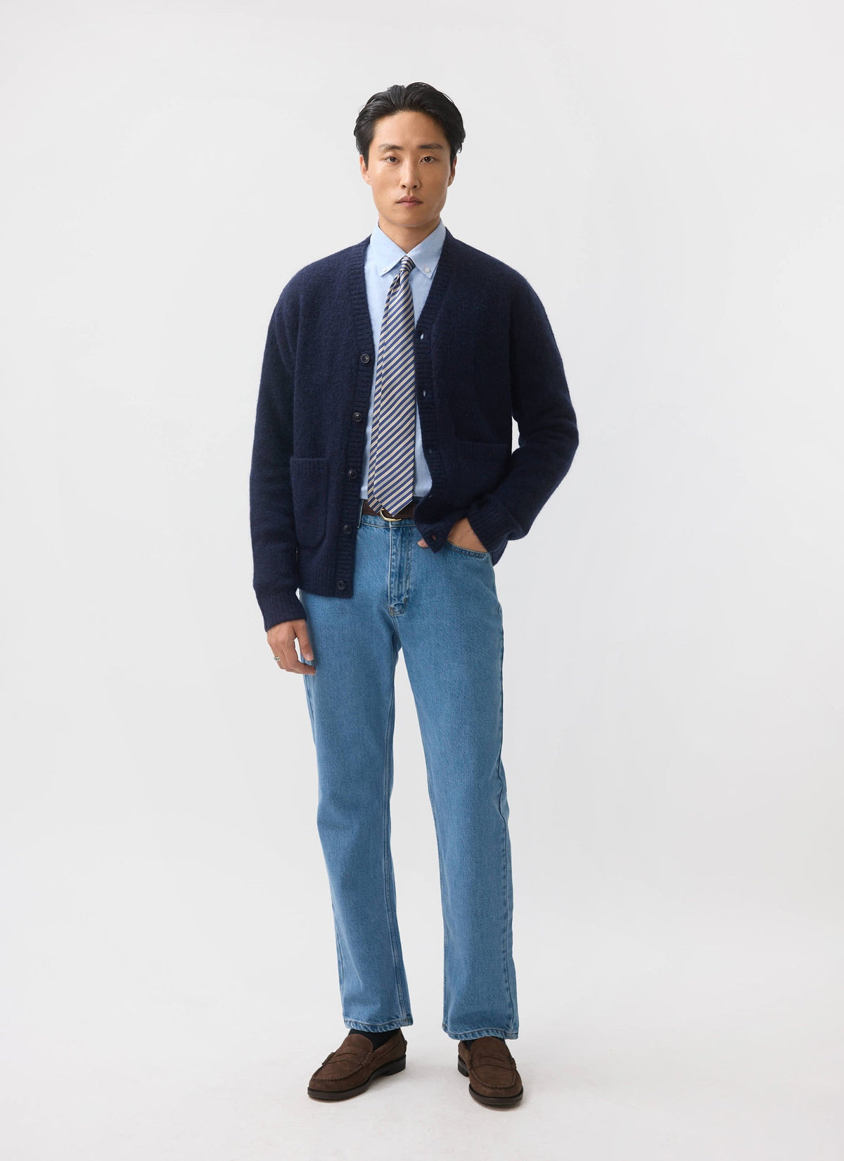 Men's Navy Mohair Cardigan - White Glove | Percival
