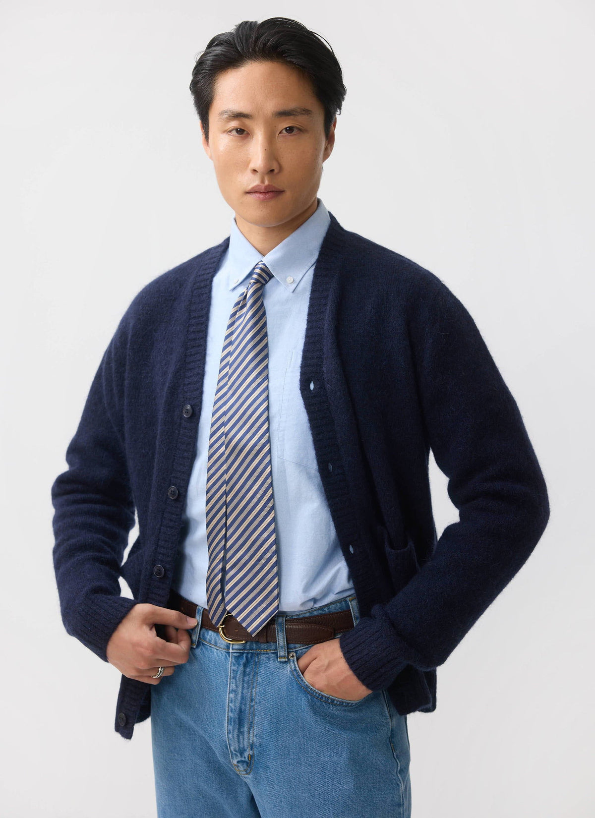 Men's Navy Mohair Cardigan - White Glove | Percival