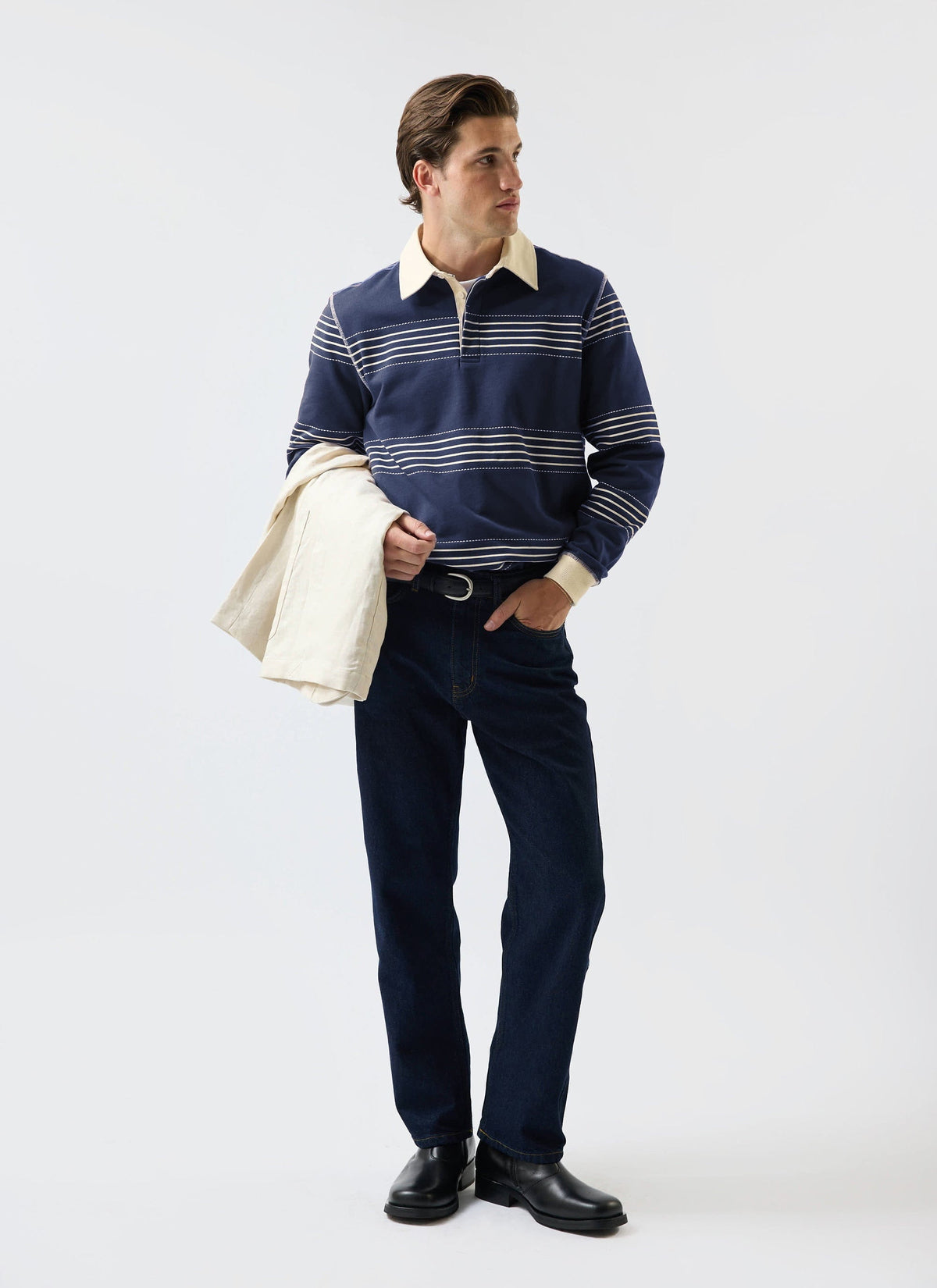 Men's Long Sleeve Rugby Polo​: Editor Striped - Cotton - Navy | Percival