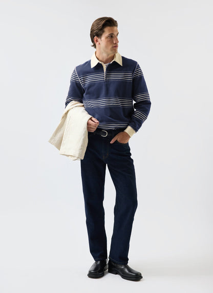Men's Long Sleeve Rugby Polo​: Editor Striped - Cotton - Navy | Percival