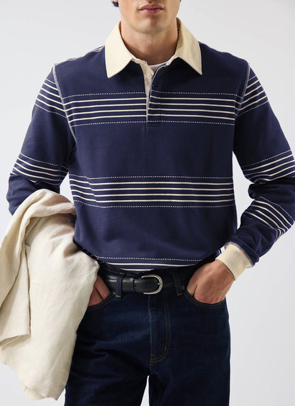 Men's Long Sleeve Rugby Polo​: Editor Striped - Cotton - Navy | Percival