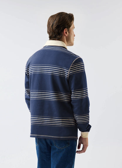 Men's Long Sleeve Rugby Polo​: Editor Striped - Cotton - Navy | Percival