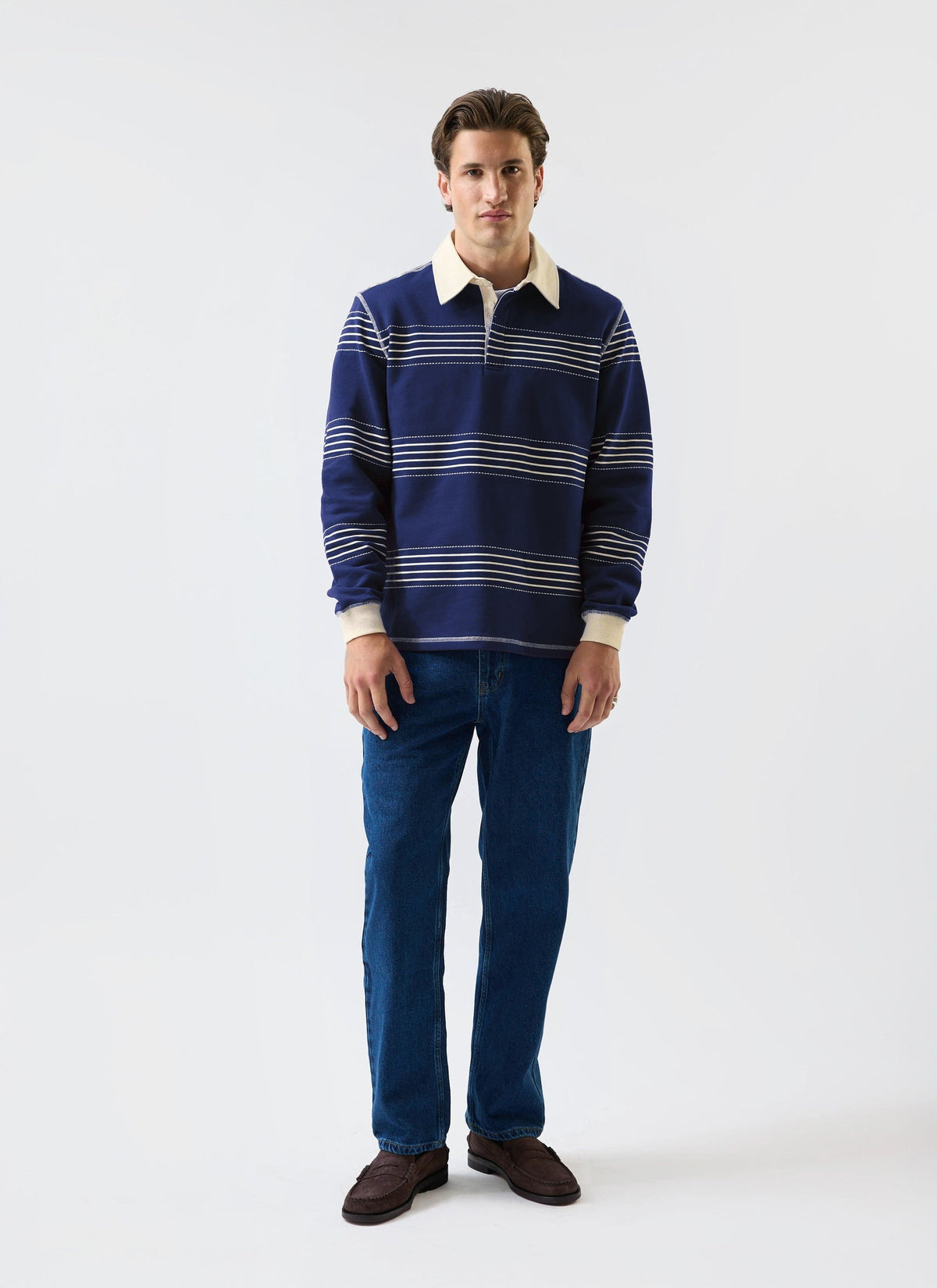 Men's Long Sleeve Rugby Polo​: Editor Striped - Cotton - Navy | Percival