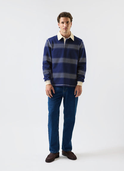 Men's Long Sleeve Rugby Polo​: Editor Striped - Cotton - Navy | Percival