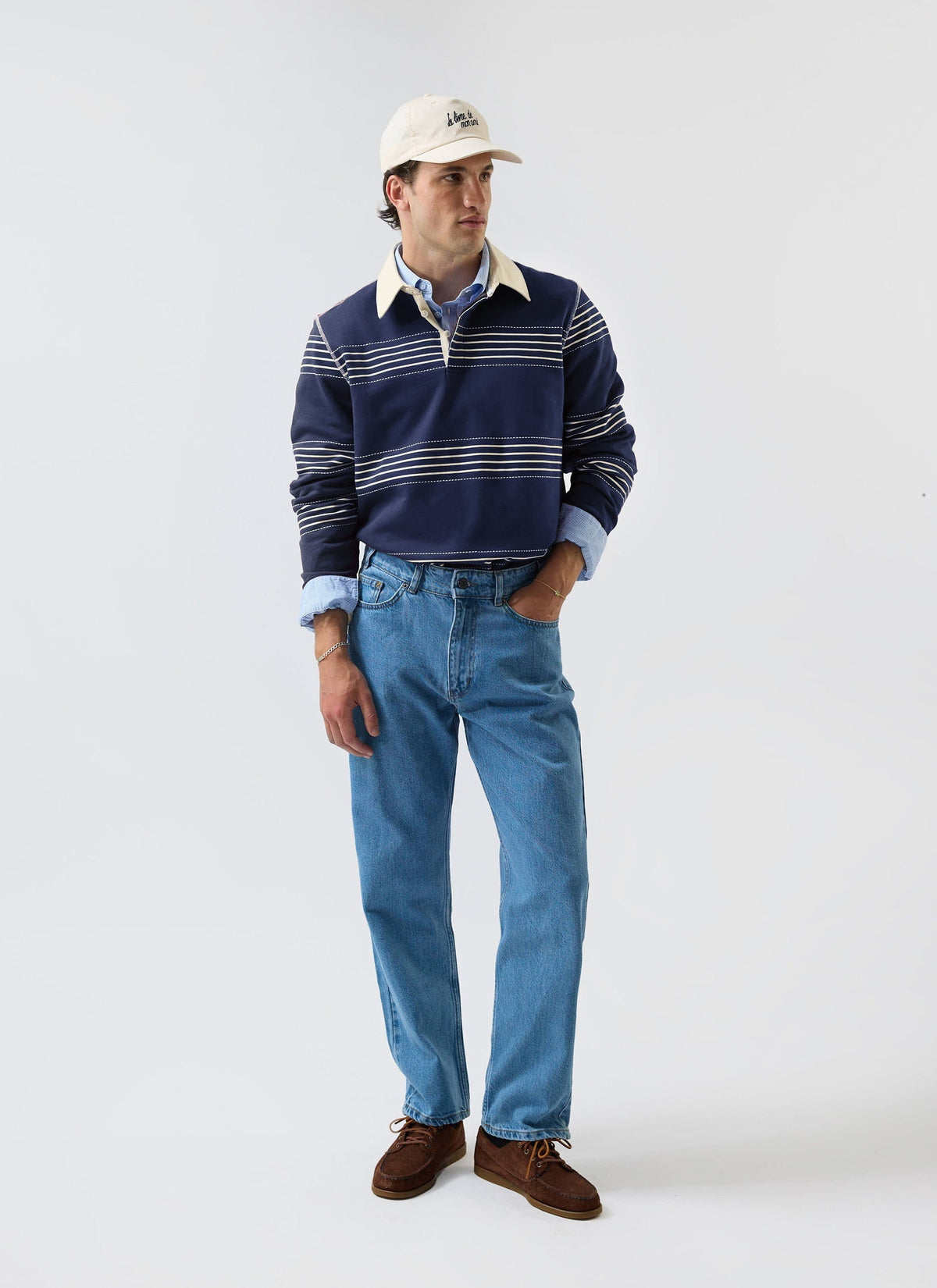Men's Long Sleeve Rugby Polo​: Editor Striped - Cotton - Navy | Percival