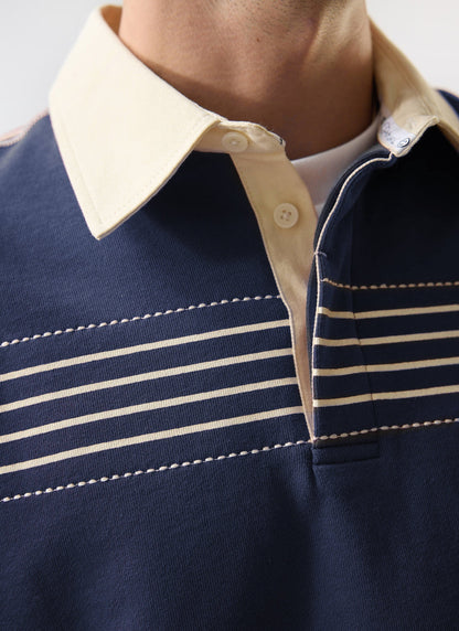 Men's Long Sleeve Rugby Polo​: Editor Striped - Cotton - Navy | Percival