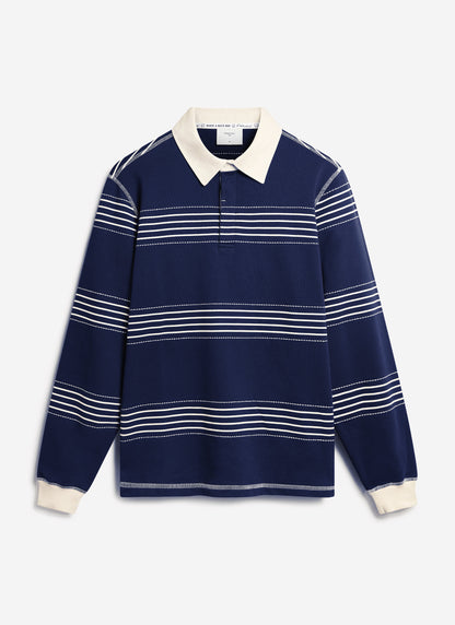 Men's Long Sleeve Rugby Polo​: Editor Striped - Cotton - Navy | Percival