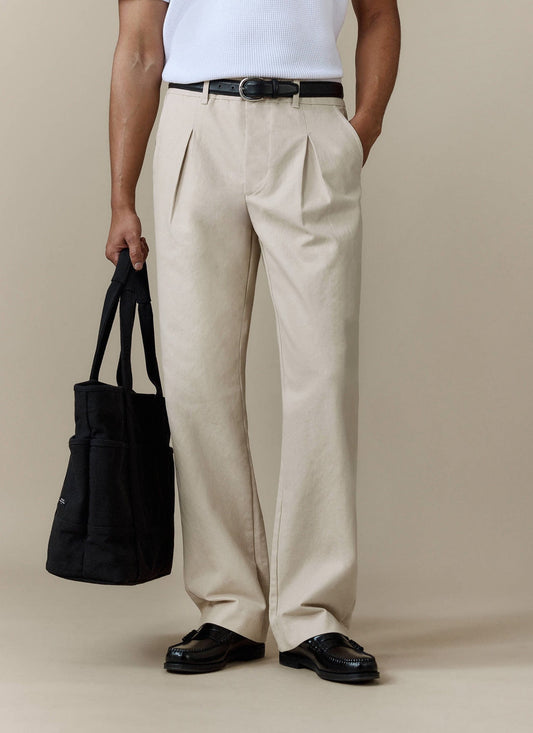 Men's Double Pleated Trousers - Seb - Straight Leg - Cream | Percival