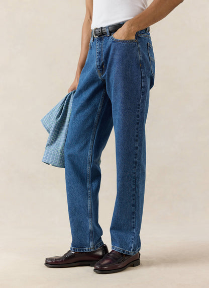 Men's Straight Leg Jeans - Heritage Denim - Cotton - Mid Wash Blue | Percival