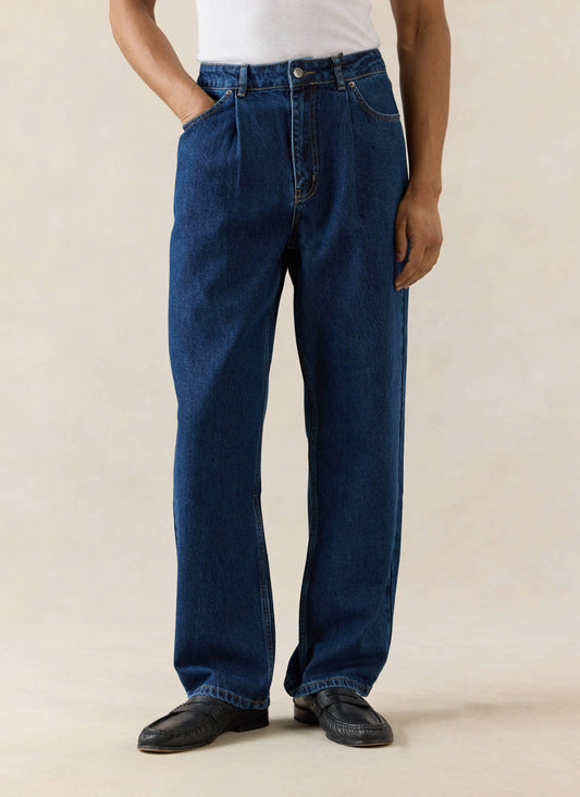 Men's Pleated Denim Jeans - 12oz Mid Wash Blue | Percival
