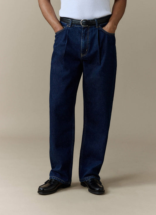 Men's Raw Pleated Denim Jeans - 100% Cotton - Dark Indigo Blue | Percival