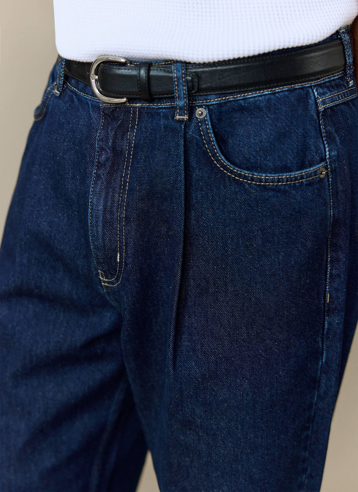 Men's Raw Pleated Denim Jeans - 100% Cotton - Dark Indigo Blue | Percival