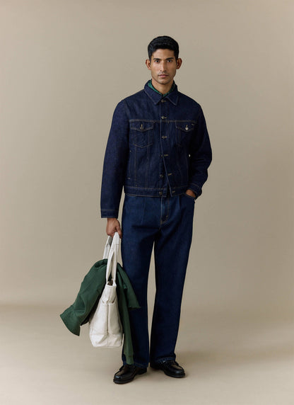 Men's Raw Pleated Denim Jeans - 100% Cotton - Dark Indigo Blue | Percival