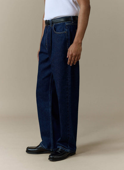 Men's Raw Pleated Denim Jeans - 100% Cotton - Dark Indigo Blue | Percival