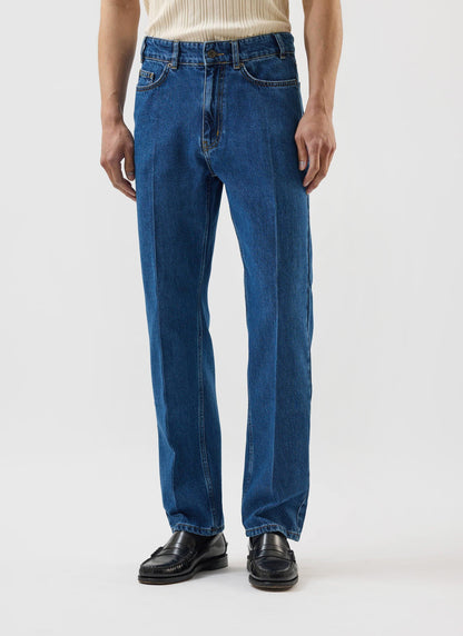 Men's Straight Leg Denim Jeans: Stay Press - Cotton - Mid Wash Blue | Percival