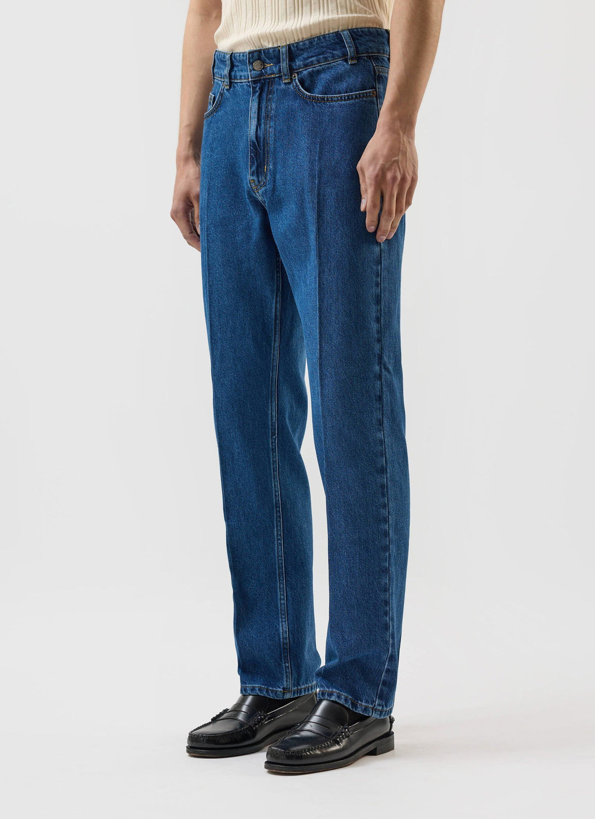 Men's Straight Leg Denim Jeans: Stay Press - Cotton - Mid Wash Blue | Percival