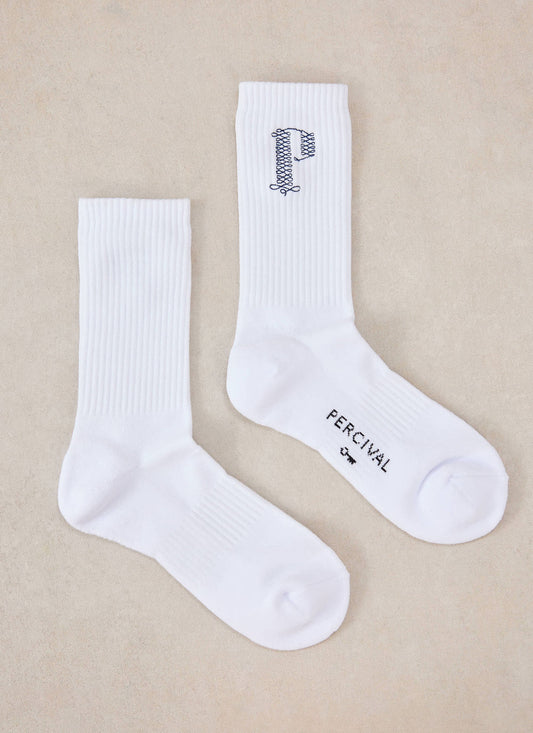 Tucker Embroidered Socks - Cotton - White | Percival