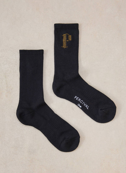 Tucker Men's Embroidered Socks - Black Cotton Blend | Percival