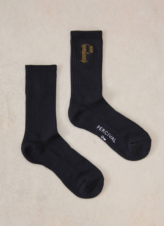 Tucker Men's Embroidered Socks - Black Cotton Blend | Percival