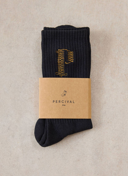 Tucker Men's Embroidered Socks - Black Cotton Blend | Percival