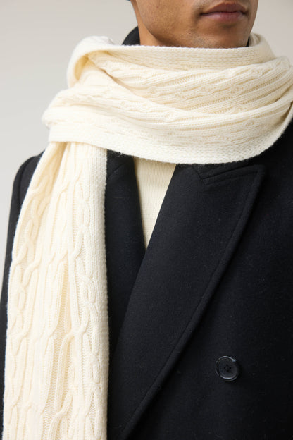 Men's Cable Knit Scarf - Wool - Ecru Cream | Percival