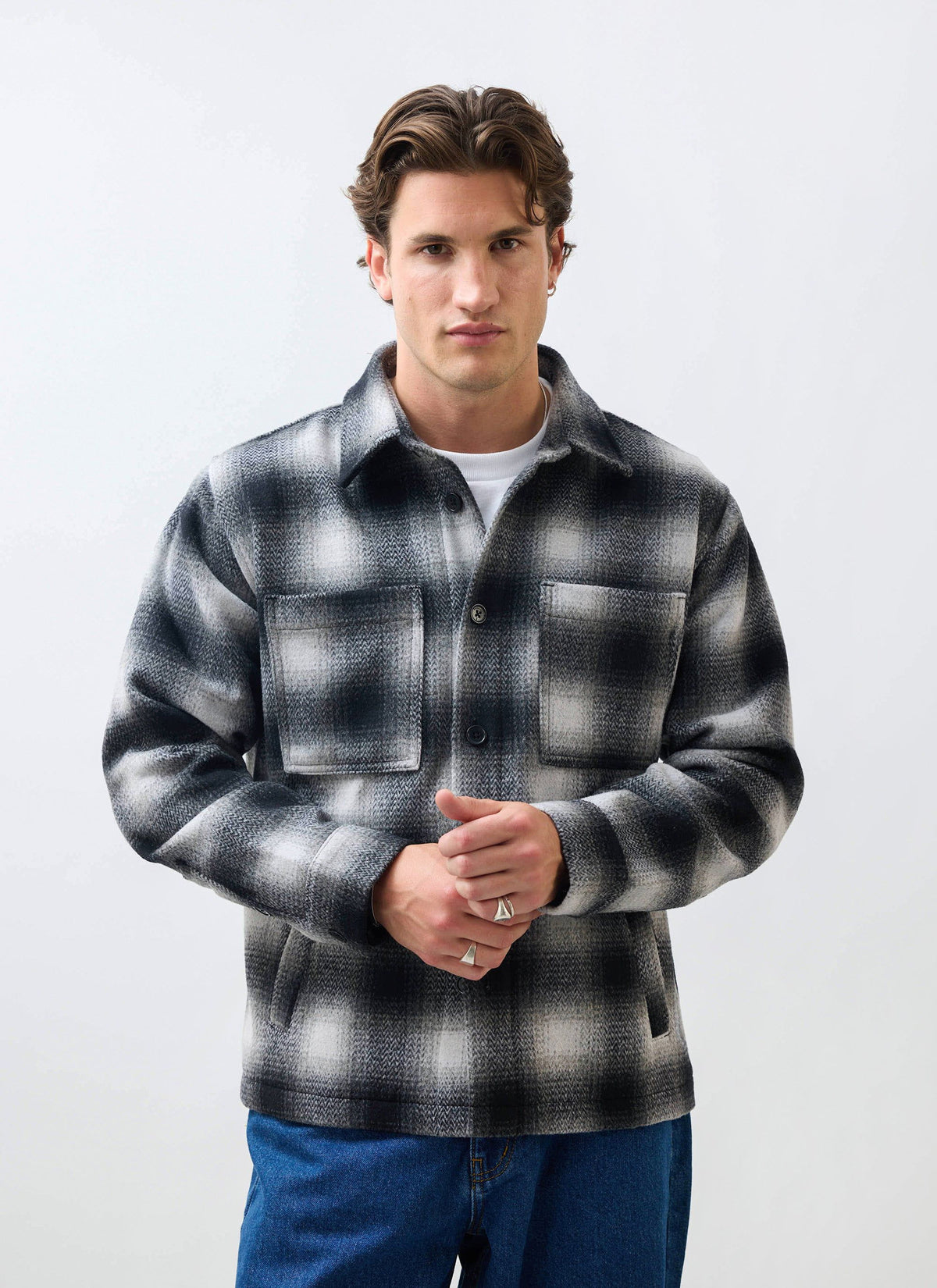 Men's Wool Checked Overshirt - Shacket - Wool - Grey Multi | Percival