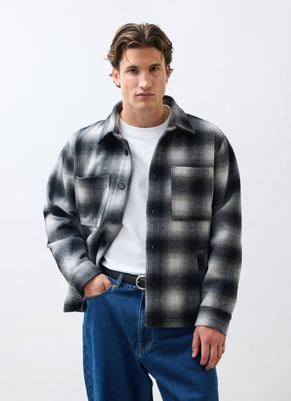 Men's Wool Checked Overshirt - Shacket - Wool - Grey Multi | Percival