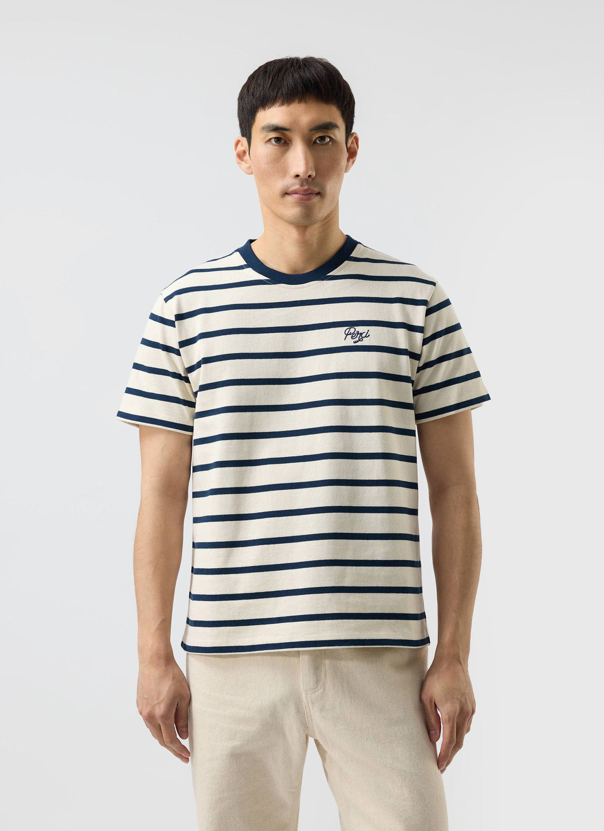 Men's Striped T Shirt: Breton - Cotton - Cream with Navy | Percival