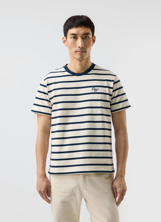 Men's Striped T Shirt: Breton - Cotton - Cream with Navy | Percival
