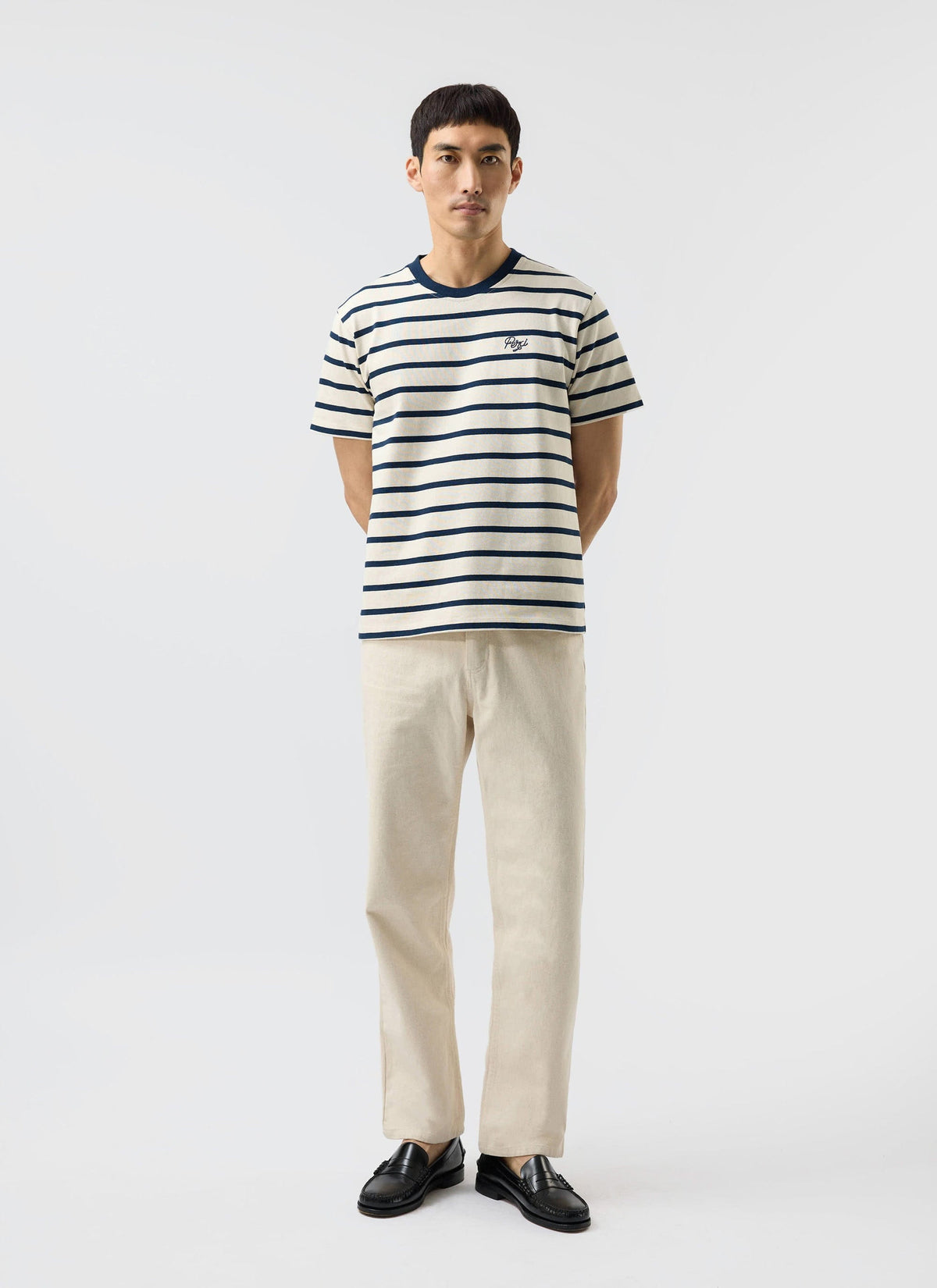 Men's Striped T Shirt: Breton - Cotton - Cream with Navy | Percival